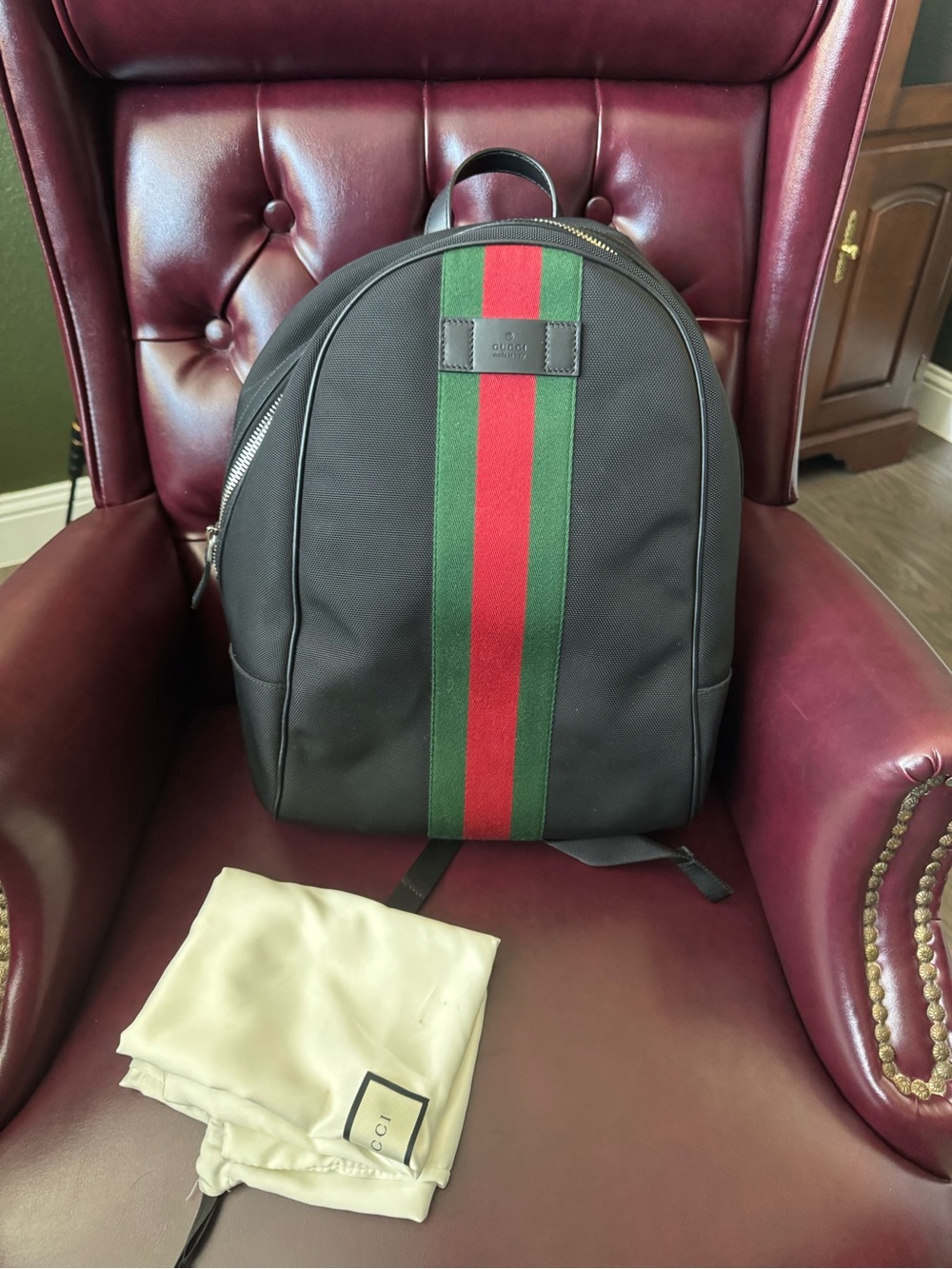 Gucci Black Backpack with Green and Red Center Stripe